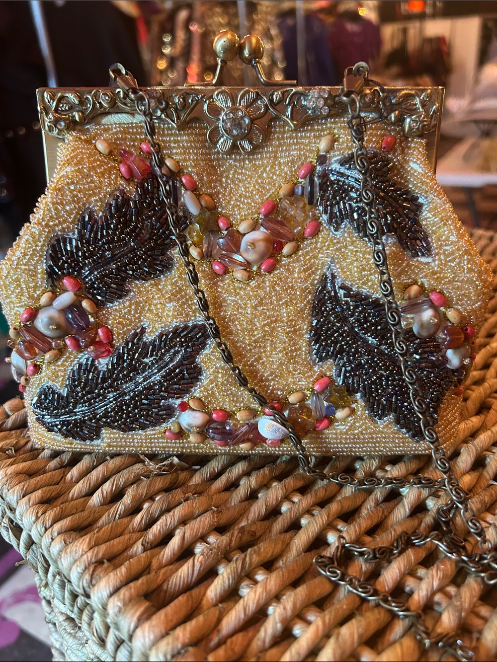 Gold Beaded Evening Clutch with Black Feather Beadwork